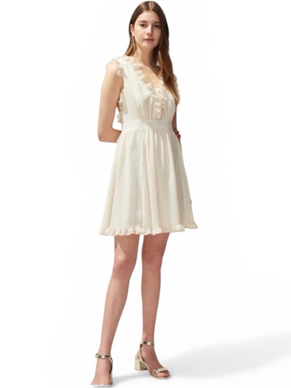 Claudie Pierlot Ivory Cross Back Strap Ruffle Trim Sleeveless Mini Dress